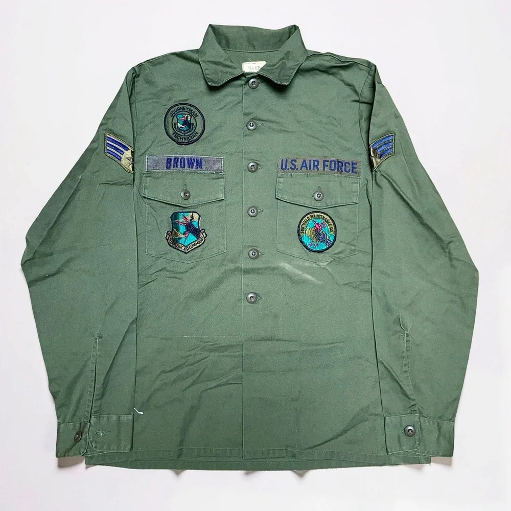 Vintage 80s US Air Force Utility Shirt Mens 15.5x35 Green Military Patches OG507